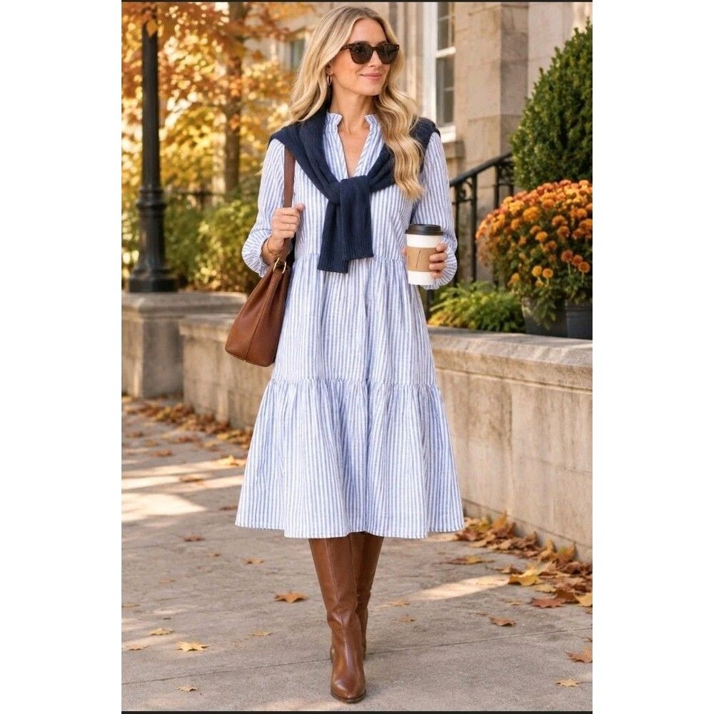 J.Crew Women Relaxed Gingham Long Sleeve Dress Blue Stripe Midi Sz M Tall Preppy